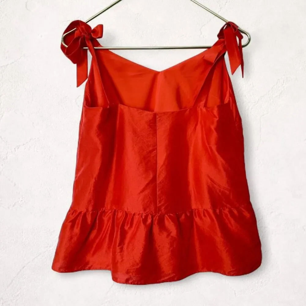 J.Crew 100% Silk Peplum Tank Red Orange Tie Strap Ruffle Top Size 6